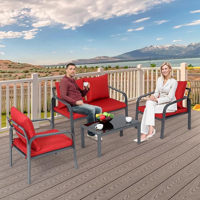 MoNiBloom 4 Pieces Outdoor Patio Furniture, All Weather Conversation Set with Tempered Glass Coffee Table for Garden Backyard Porch Balcony Poolside Deck Lawn, Loveseat Couch and Chairs with Cushions