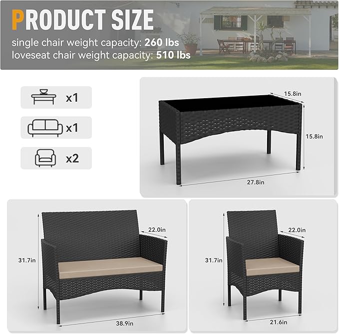 Kurapika Patio Furniture Set 4 Pieces Outdoor Wicker Rattan Chairs Conversation Sets w/Coffee Table, Rocking Bistro Set, for Deck,Patio,Backyard,Lawn (Sand)