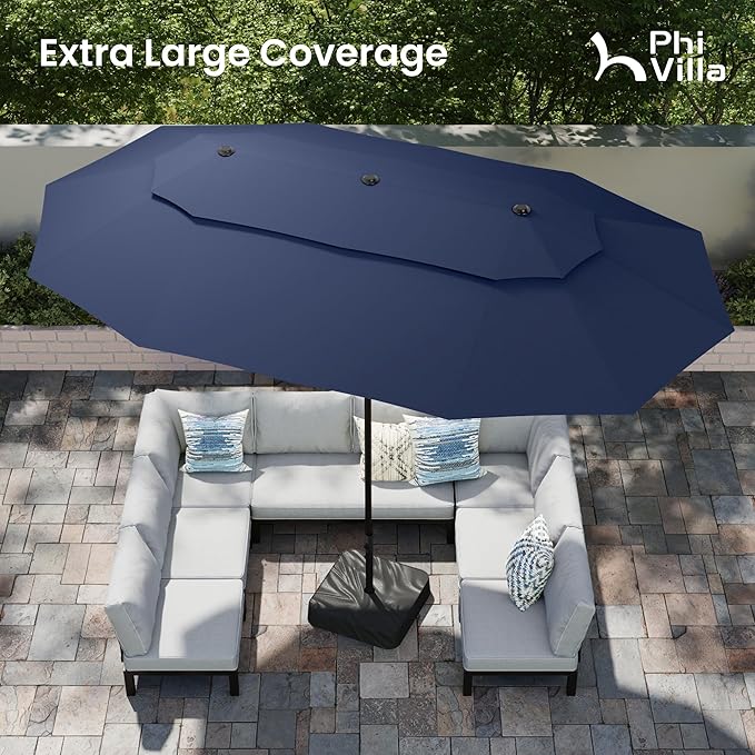 PHI VILLA 15ft Large Patio Umbrellas with Base Included, 2-Tier Outdoor Double-Sided Rectangle Market Umbrella with Stand, Outside Umbrellas for Poolside Lawn Backyard, Blue