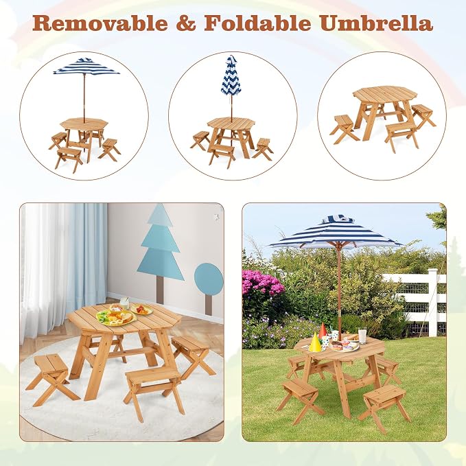 KOTEK Kids Picnic Table, Fir Wood Foldable Toddler Octagon Table and Chairs with Height Adjustable Umbrella, Indoor Children Art Play Table, Activity Kids Outdoor Table for Backyard & Patio (Natural)