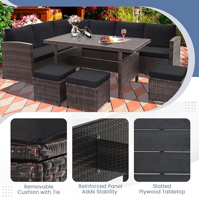 Tangkula 7 Pieces Wicker Patio Furniture Set, Wicker Conversation Set | Outdoor Sect with Coffee Table, Ottomans & White Cushions, Sectional Conversation Sofa Set for Porch, Poolside, Balcony, Yard