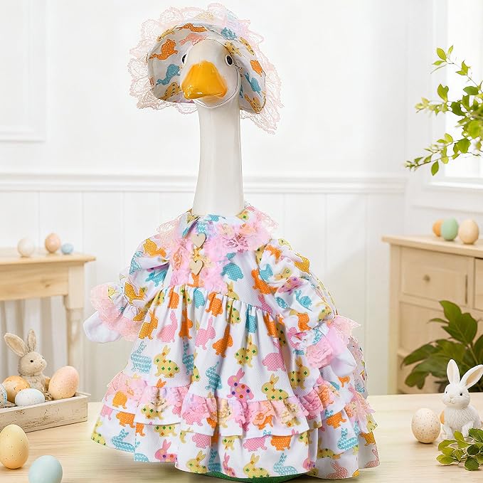 Soulchen 1 Set Easter Porch Goose Outfit 23 Inch Rabbit and Eggs Cement Goose Clothes Dress and Hat Costume Set for Easter Spring Holiday Garden Yard Decor