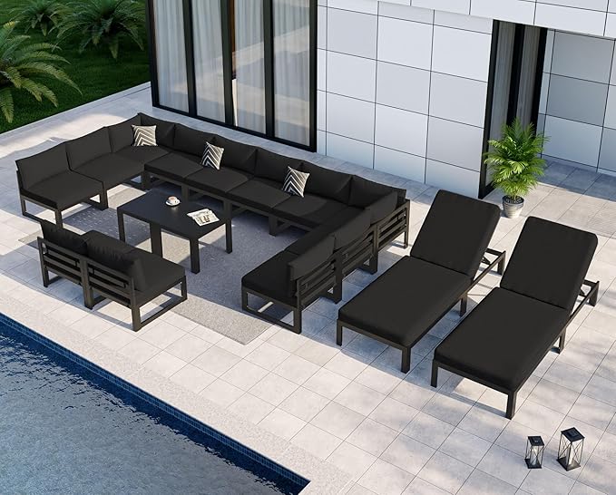 NICESOUL 16 Piece Large Modern Aluminum Patio Furniture Set, Water & Fade Resistant Modular Outdoor Conversation Set with Chaise, 500 lbs Heavy Duty Comfortable Sectional Sofa for Poolside, Black