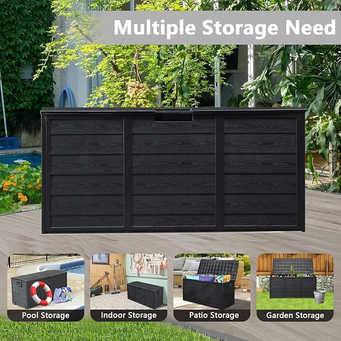 75 Gallon Outdoor Storage Box,Waterproof Deck Box with Lockable Lid&Wheels,Easy-open Outdoor Storage Bench with Handles for Garden,Pool,Balcony (Black)