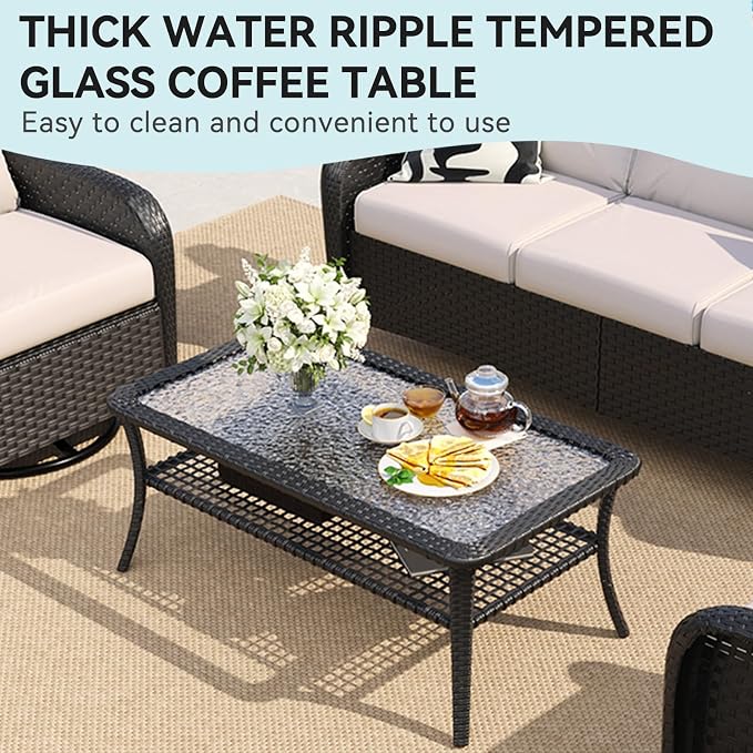 LazySunsets Outdoor Coffee Table with Storage Wicker Patio Coffee Table, Tempered Glass Top Table for Patio Outside Balcony Porch Deck, Black