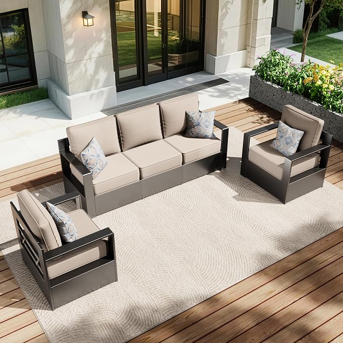 Aluminum Patio 79" Sofa Set with 2 Armchairs, All Weather Outdoor Conversation Furniture Set with Metal Armrest & 6" Water-Resistant Cushions & Furniture Covers for Deck Porch (Beige)