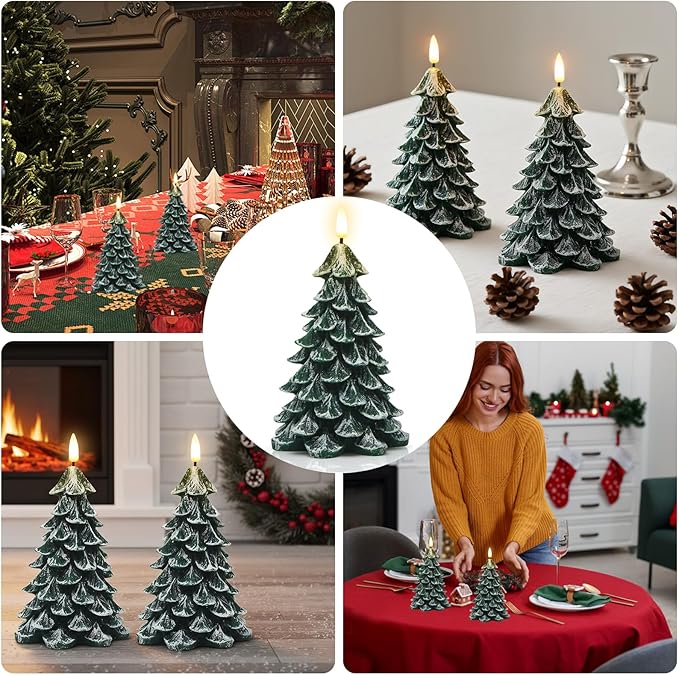 Christmas Tree Flameless Candles with 6H Timer, 2 Pcs Battery Operated LED Pillar Candle with Flickering 3D Wick, White Flocked Decoration Green Candles for Home Décor Christmas Gifts