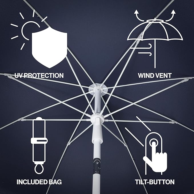 JONATHAN Y Mariner 6.5 ft. Beach Umbrella, Navy Solid with Fringe, Push-Button Tilt, UPF 50+ Sun Protection and Carrying Bag for Patio and Pool, White Pole UMB1005T