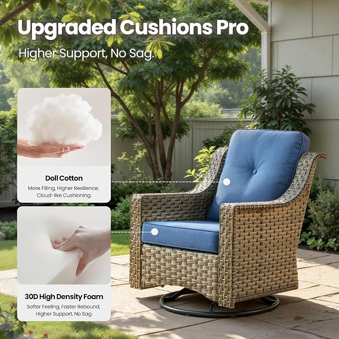 3 Piece Patio Furniture Set, Outdoor High Back Swivel Rocker Chairs Set of 2 with Side Table, All Weather Wicker Glider Chair with Thick Cushions for Backyard Balcony Porch, Sapphire Blue