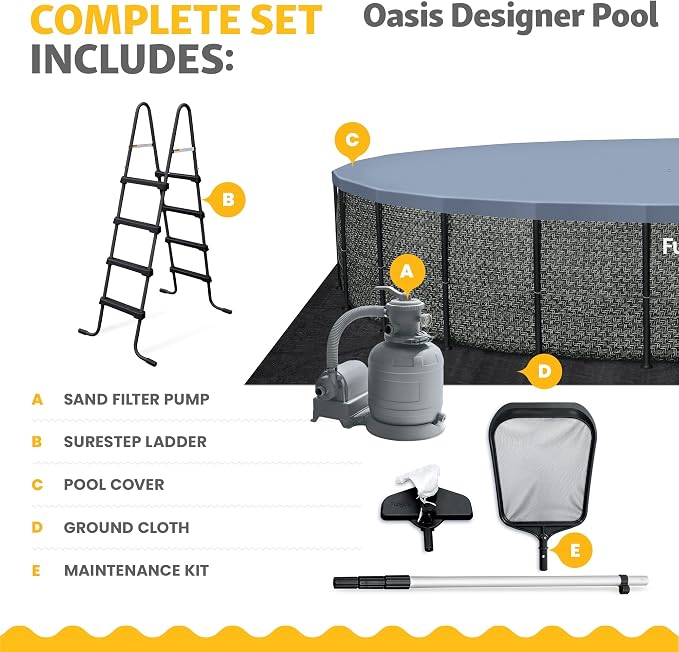 Funsicle Oasis Designer 24' x 52" Round Above Ground Swimming Pool, with 12" Sand Filter Pump, Ladder, Maintenance Kit, Cover, Ground Cloth & Repair Patch, Dark Herringbone