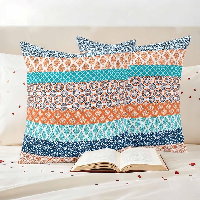 Geometric Bohemia Outdoor Pillow Covers Set of 2 Stripes Orange Turquoise and Blue Waterproof Throw Pillow Cover Decorative Cushion Cases for Patio Porch Garden 20X20 Inch