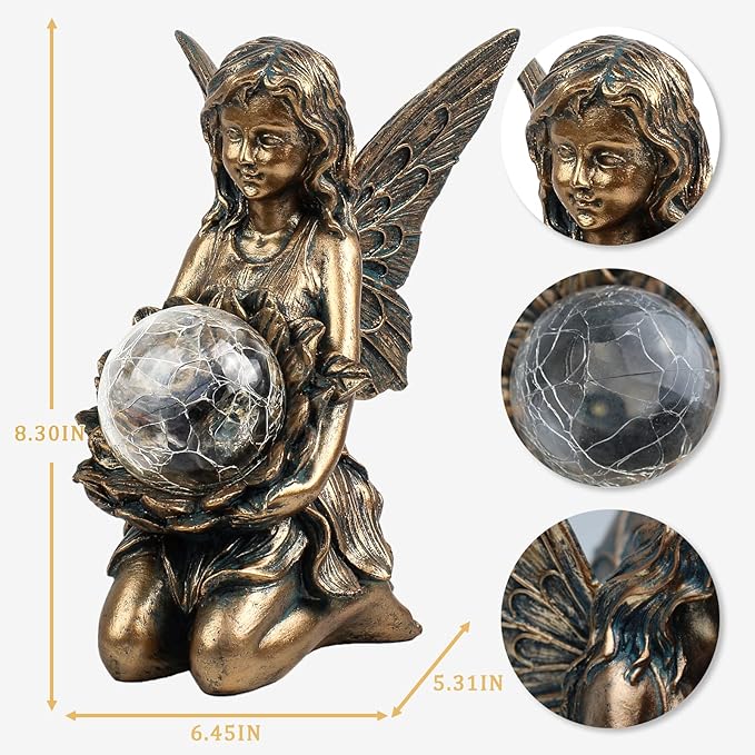 Suyorpe Garden Statues Outdoor Flower Fairy Decor,Solar Powered Outdoor Resin Statues-Patio Lawn Yard Porch, Funny Fairies Ornaments Figurines for Outside Garden Gifts,8.31 Inches Tall