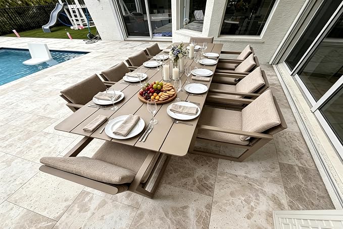 PURPLE LEAF Outdoor Dining Set for 10 Aluminum Oversize Patio Furniture Table and Chairs Set with All Weather Thick Cushion Rectangular Patio Dining Sets for Large Backyard Garden Poolside, Khaki