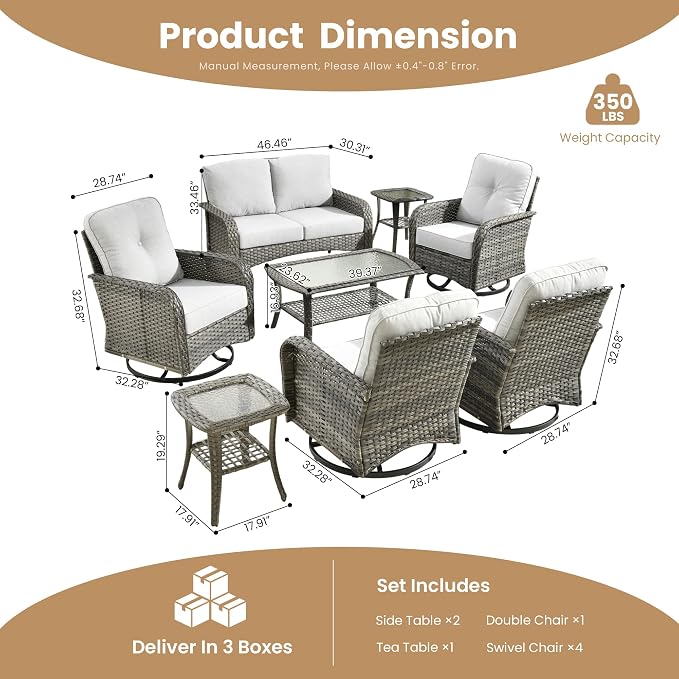 CAODOC 8-Piece Wicker Patio Furniture Set, All-Weather Rattan Conversation Bistro Loveseat Chair and Patio Rockers Set for Backyard, Balcony and Deck with Soft Cushions and Metal Table(Grey)