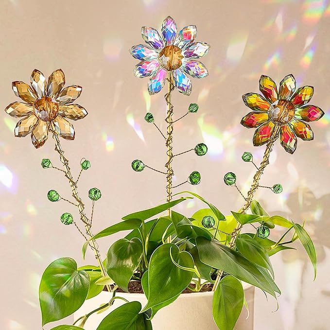 3Pcs Crystal Sunflower Suncatchers Glass Plant Suncatcher with Metal Stake