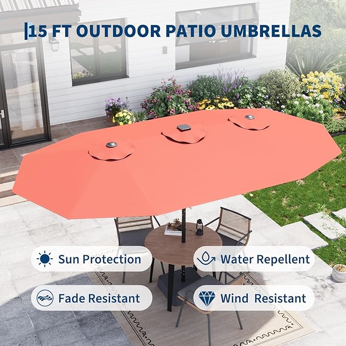 Garvee 15 ft Rectangular Patio Umbrella with Base Included - Large Patio Umbrella with Crank Handle 36 LED Lights, UV Protection for Outdoor Market, Backyard, Deck, Pool, Red