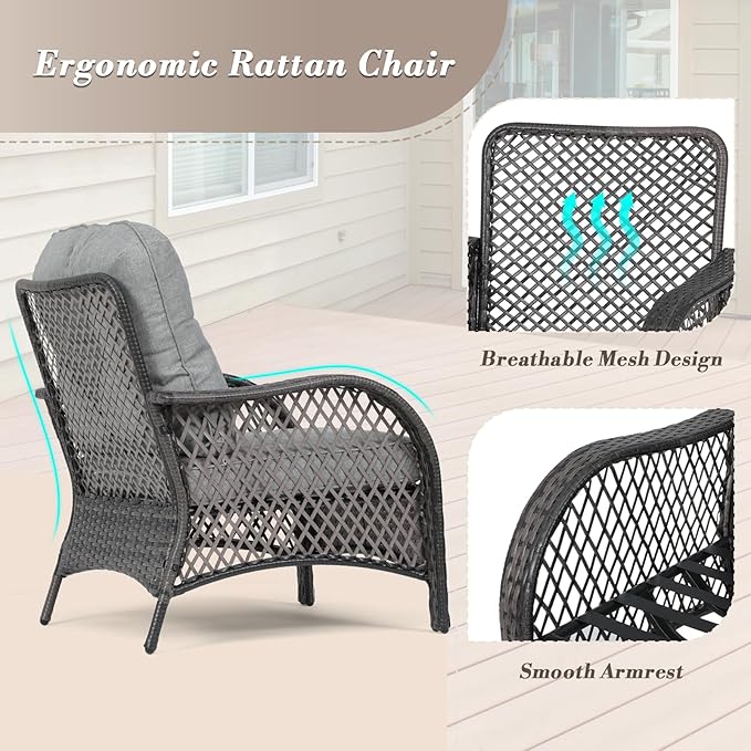 Athena Collection Patio Furniture Set of 3, All Weather Outdoor Sofa Conversation Set PE Rattan Chairs with Upholstered Seat and Backrest and Coffee Table Set for Bistro Garden Backyard, Gray