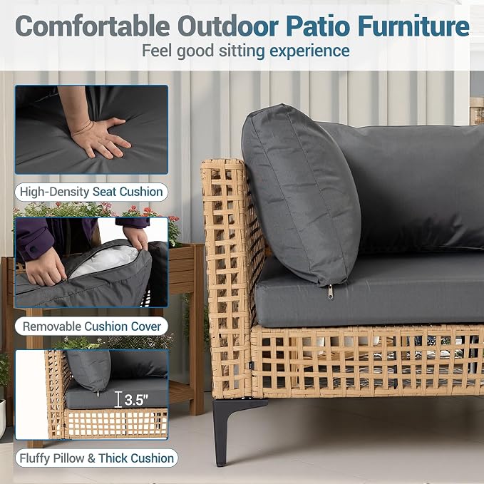 5-Piece Outdoor Wicker Patio Sectional Furniture Set, Grey | 4-Seat, PE rattan, All weather performance, Patio onversation set, for Backyard Porch Poolside Deck