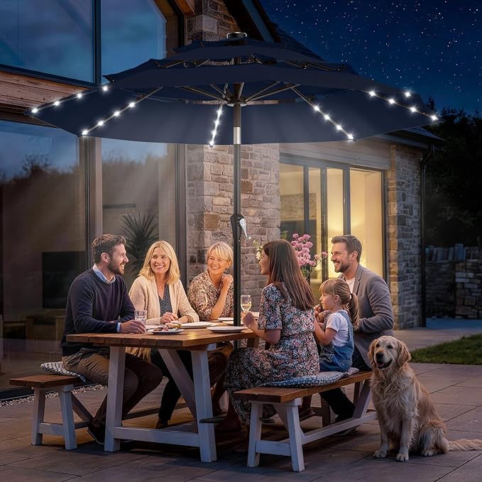 AreShark 9ft 3 Tiers Patio Umbrella with Solar Lights, Outdoor Umbrella w/ 32 LED Lights&8 Sturdy Ribs, Table Umbrella for Deck, Backyard, Pool (Navy)