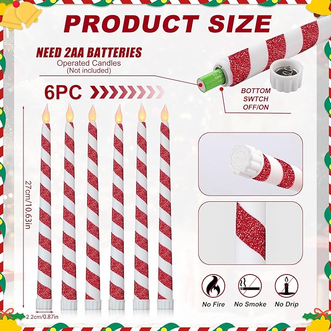 6PCS Christmas Flameless Taper Candles - Candy Cane Red and White Stripes Flickering Battery Operated LED Candles for Xmas Centerpiece Holiday Party, Wedding, Winter Home Decoration