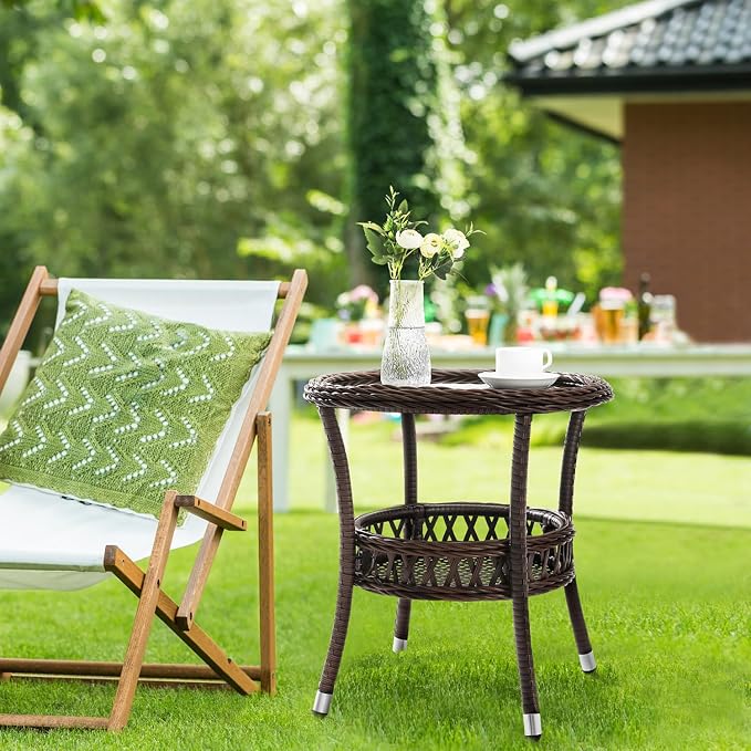 Outdoor Side Table Wicker Outdoor End Table for Patio Rattan Side Table for Outside Brown Patio Coffee Table with Storage & Glass Table Top Round for Backyard Porch
