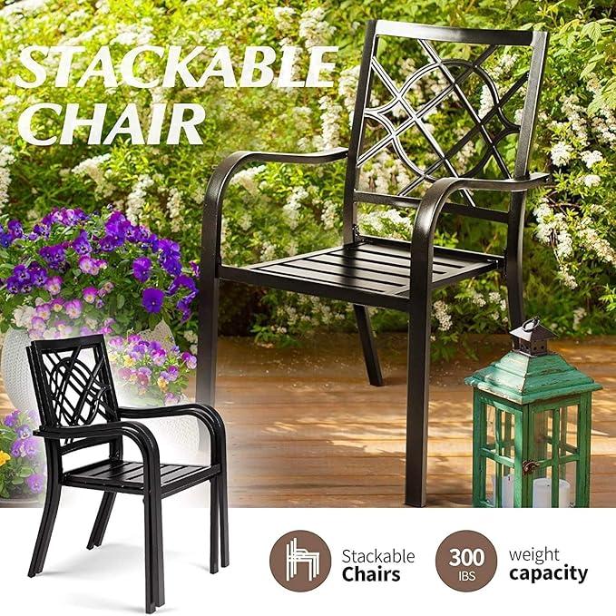 Crownland 5 Piece Outdoor Dining Set, Patio Metal Dining Sets, 4 Stackable Metal Chairs and Square Outdoor Dining Table with Dark Blue 9FT Round Outdoor Umbrella, for Backyard, Garden (Classic Black)
