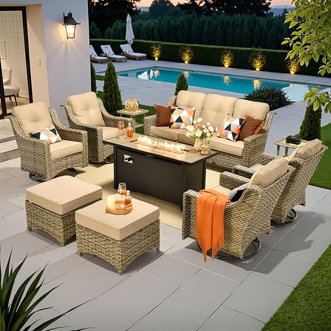10 PCS Outdoor Patio Furniture Sets, Patio Conversation Sets Outside Rattan Soft Cushion Sofa with 4 Wicker Rocking Chairs & 54 in Fire Pit Table Fit Backyard Porch Garden Poolside Balcony,Beige