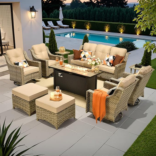 10 PCS Outdoor Patio Furniture Sets, Patio Conversation Sets Outside Rattan Soft Cushion Sofa with 4 Wicker Rocking Chairs & 54 in Fire Pit Table Fit Backyard Porch Garden Poolside Balcony,Beige
