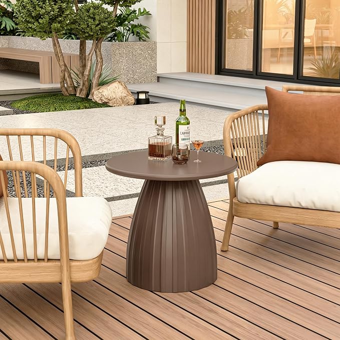 Round Metal Outdoor Patio Side Table, Steel Outdoor Accent Table, Small Patio End Table, for Garden, Pool, Yard, Balcony, Living Room, Deck, Weather Resistant, No Assembly, Brown