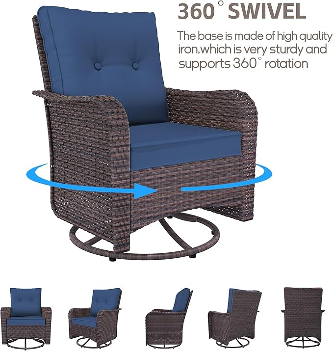 Patio Furniture Set 9 Pieces Outdoor Swivel Rocking Chairs Sofa Set,PE Rattan Wicker Patio Conversation Set with Thickened Cushions and Glass Coffee Table,NavyBlue
