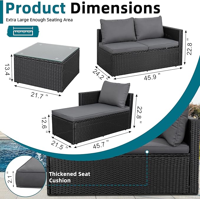 SUNLEI Patio Furniture Set with Detachable Soft Cushions, 3-Piece Patio Sectional Sofa, All Weather Outdoor PE Rattan Patio Conversation Sofa Set with Glass Coffee Table & Ottoman, Black Rattan/Grey