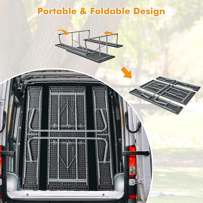Tangkula 6 Ft Folding Picnic Table, Outdoor 8 Person Large Picnic Table Set with 2 Built-in Benches, Umbrella Hole, Metal Frame & HDPE Tabletop for Garden, Backyard (Black)