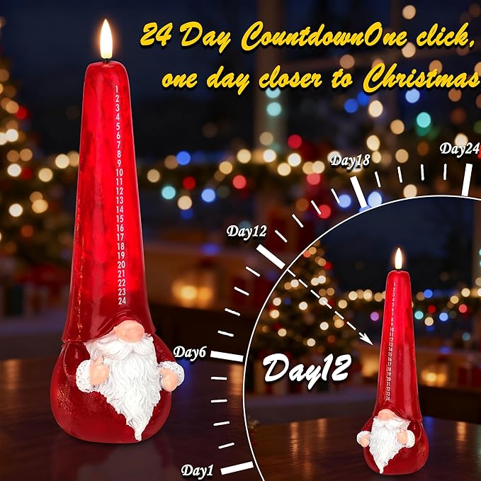 Christmas Flameless Candles with Remote, Xmas Countdown Candle, Santa Claus Countdown to Christmas Battery Operated Candles, Red Flameless Advent Candles for Mantel Decor