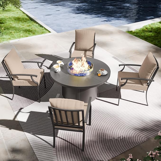 Kullavik 5 Piece Metal Outdoor Patio Furniture Set with Fire Pit Table,Outdoor Dining Table Set with 4 Fixed Chairs and 55000 BTU Outdoor Round Fire Pit,Sand
