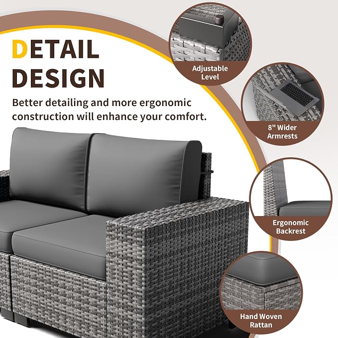 Patio Furniture with Fire Pit Table,8‘’ Wide armrest Outdoor Sectional Rattan Sofa Set, Wicker Patio Furniture Sets w/Coffee Table,Thick Cushions and Cover for Porch,Deck, 9PC (Grey&Grey)