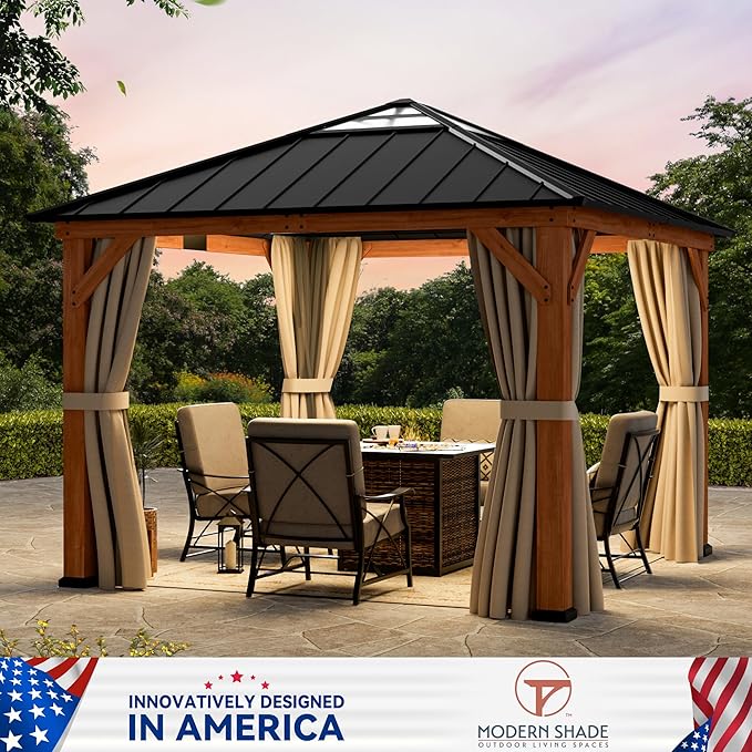 Modern Shade Tranquil Grove Wood Gazebo 11' x 11', Permanent Hardtop Gazebo with Galvanized Steel Roof, Mosquito Netting and Curtains, Cedar Outdoor Gazebo with Sturdy Hooks for Backyard