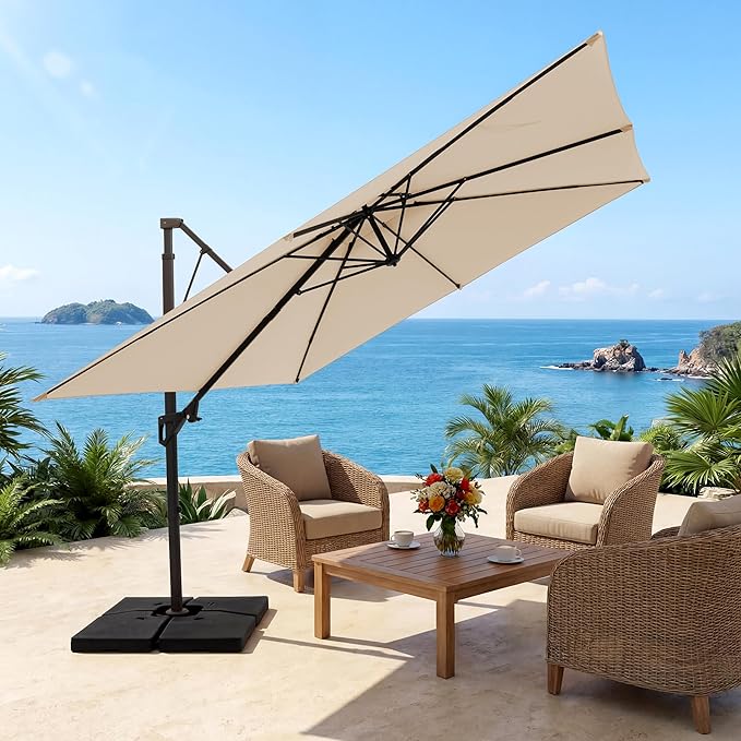 JEAREY 12ft 2-Tier Cantilever Patio Umbrella, Large Square Outdoor Offset Umbrella with Double Top Vent and 360-degree Rotation for Garden, Deck, Pool, Patio, Beige