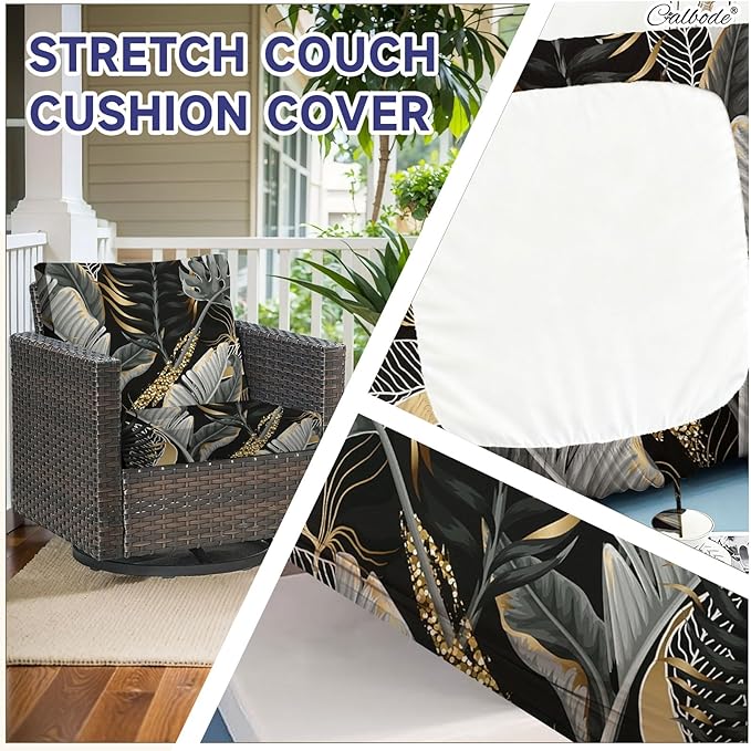 CALBODE 8 Pcs Stretch Outdoor Seat Cushion Covers, Botanical Chair Seat Cover for Patio Furniture Cushions Washable Reusable Indoor and Outdoor Couch Cover Replacement (Black&Gold Leaves, Cover Only)