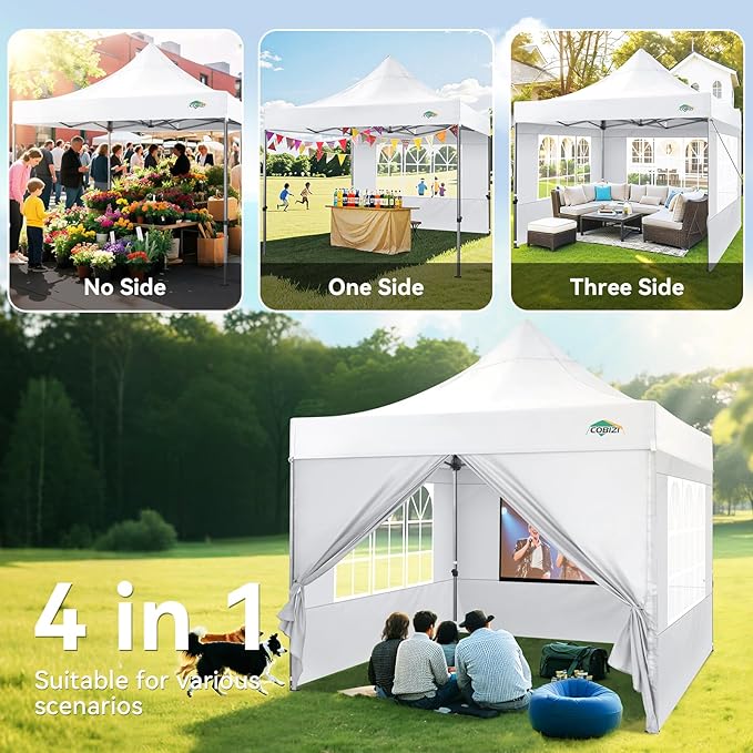 COBIZI 10x10 Pop up Canopy Tent Heavy Duty, Easy Set-up Commercial Outdoor Party Tent, 100% Waterproof Wedding Tents Gazebo, 3 Height Adjustable with Wheeled Bag, White