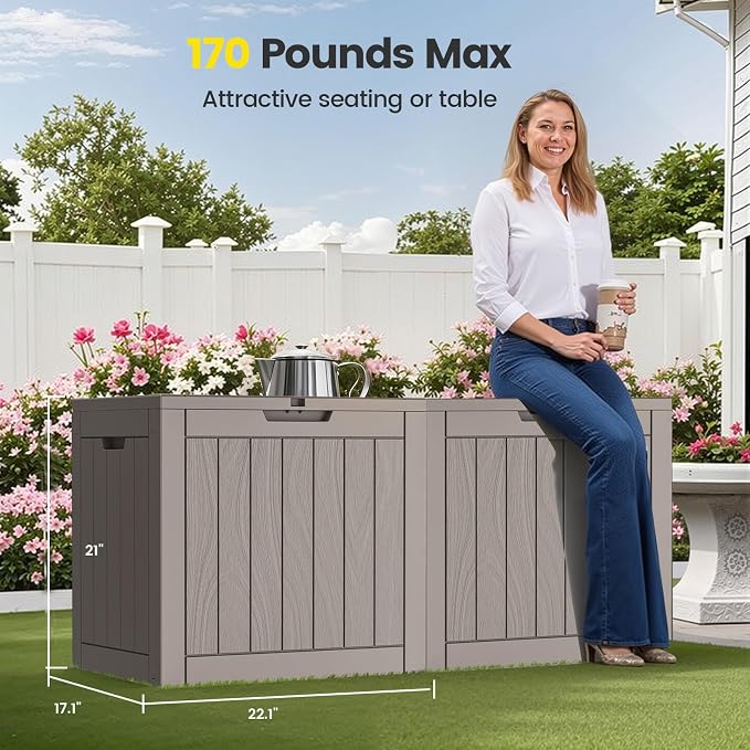 Zapdos Outdoor Storage Box, 31 Gallon Deck Box Indoor and Outdoor Use, Waterproof Resin Storage Bin for Patio Cushions Gardening Tools Package Delivery, Lockable, UV Resistant, Grey