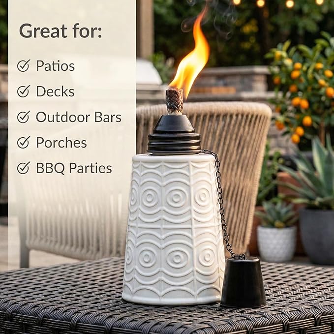 Seraphic Citronella Table Top Torches for Outdoor Patio, 16oz Decorative Glass Torch Citronella Candles for Outside Deck, Garden, Parties, Set of 3, White