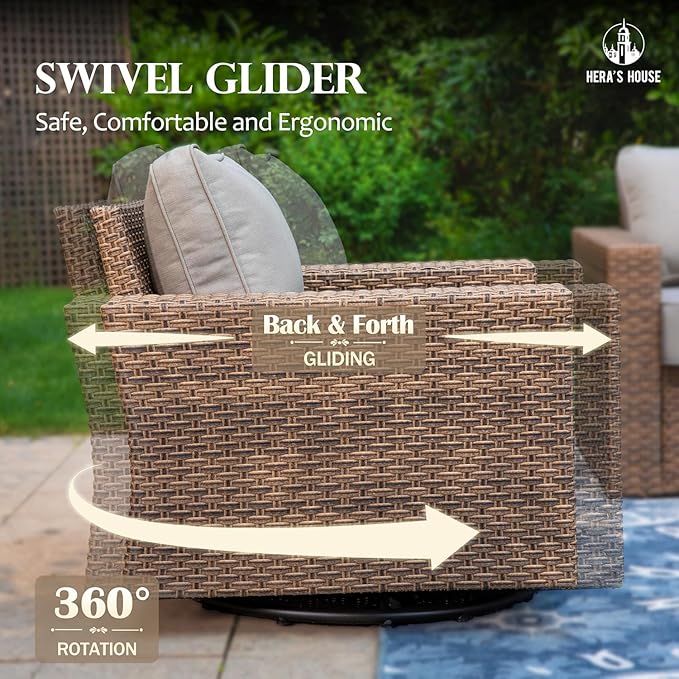 Patio Furiture Set with Swivel Glider Chairs, Outdoor Wicker Conversation Set with 5.5" Thick Cushions, 6 Pieces Deep Seating Outside Sofa Set with 4.92" Wide Armrests for Deck Lawn, Grey