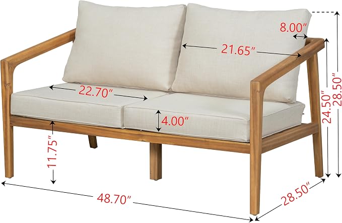 Merax 4 Piece Patio Outdoor Furniture Set, All-Weather Acacia Wood Loveseat Sofa, 2 Armchairs w/Coushions, 1 Coffee Table for Porch, Lawn, Backyard, Balcony Teak+ Beige