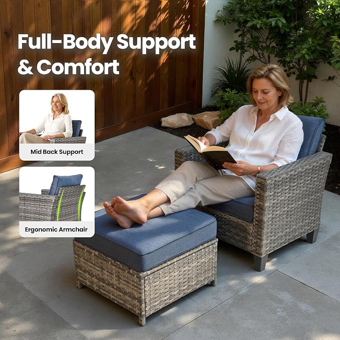 6 Piece Wicker Patio Furniture Set with Solar Table, Denim Blue | Outdoor Deep Seating Sofa Chair Ottoman, Solar Lights Table, All Weather Rattan, Modern Conversation Set, Porch Deck Backyard