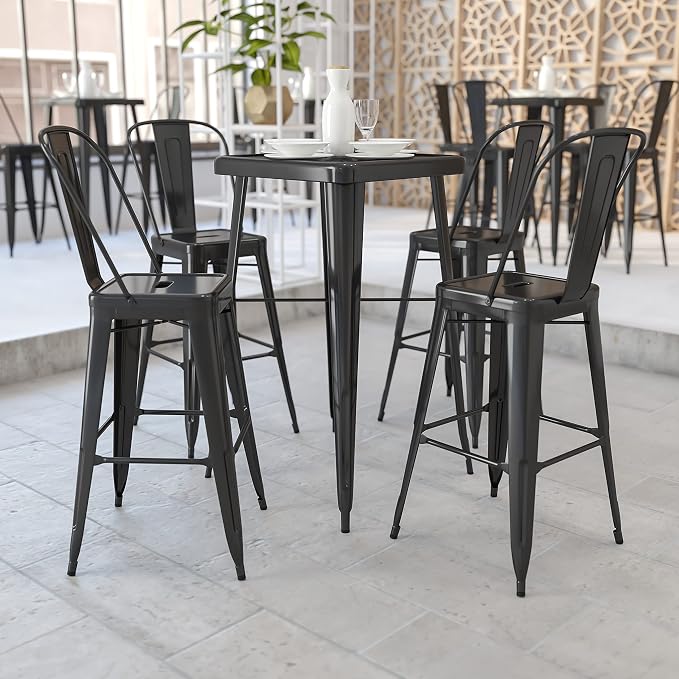 EMMA + OLIVER Commercial Grade 23.75SQ Black Metal Indoor-Outdoor Bar Table Set-2 Stools-Backs