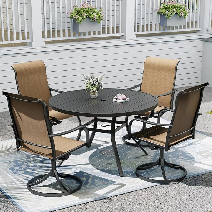 Outdoor Dining Table with 4PCS Swivel Chairs,48" Round Patio Table with Adjustable Umbrella Hole,Stable Patio Dining Set for Home or Outside
