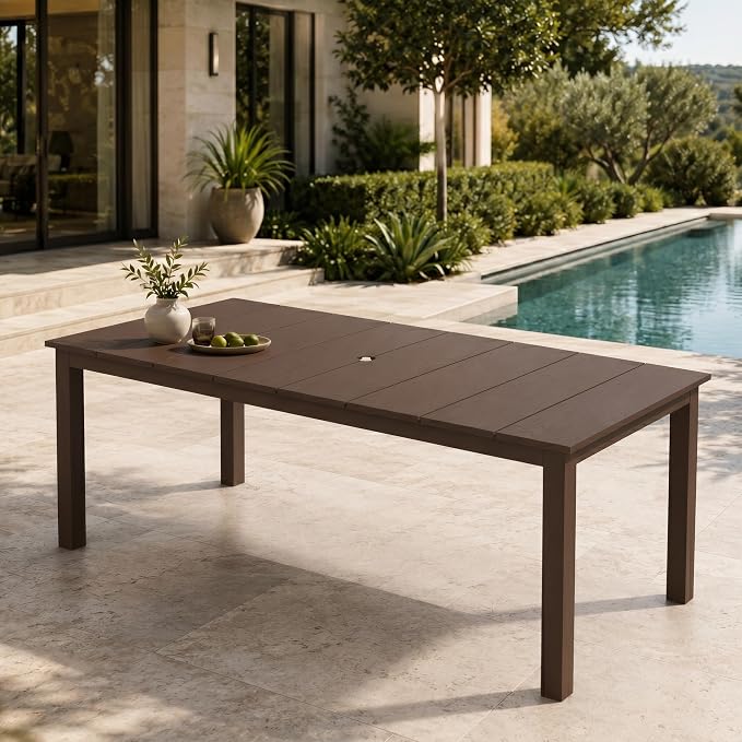 75.2" Outdoor Dining Table for 4-6 People, Patio Dining Outdoor Table with Umbrella Hole, All Weather Patio Table for Backyard, Deck and Garden, Brown