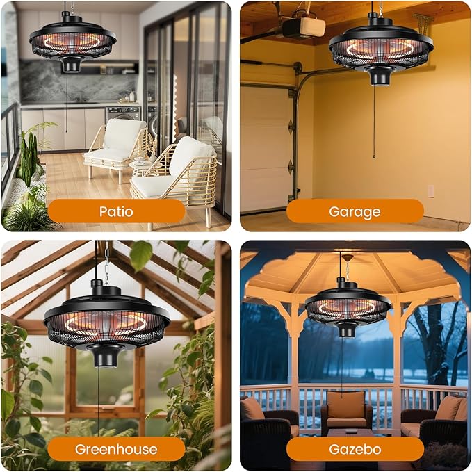 Fanspex Hanging Patio Heater, 1500W Electric Infrared Heaters for Home, Gazebo, Garage, Greenhouse, Ceiling Mount with Overheat Protection, IPX4 Water Resistance, Adjustable Height (Black)