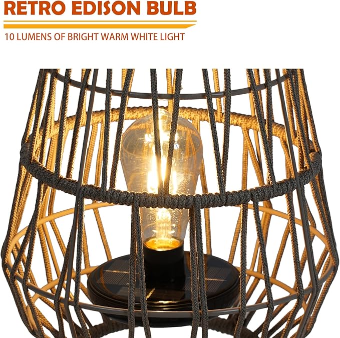 Solar Yard Decorative Solar Outdoor Tabletop Lights - 2 Pack, 15-inch Patio, Porch, and Garden Decor with LED Edison Bulbs in Water Resistant Resin & Polyester Cord Woven Design - Taupe Brown