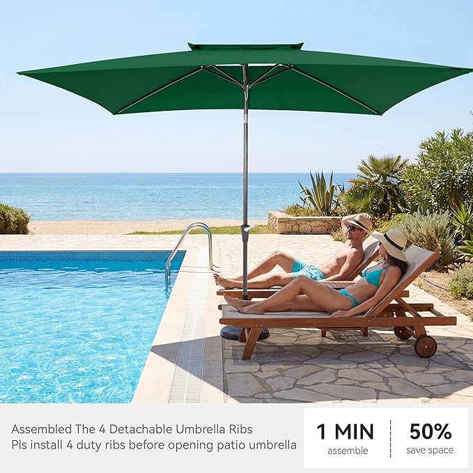6.6 x 10 ft Rectangular Patio Umbrella, Outdoor Market Table Umbrella with Push Button Tilt and Crank, Double-Tier Vent, 6 Ribs, Rectangle Patio Umbrella for Backyard, Deck, Pool, Fits 4–6 Chairs and Tables (Dark Green)